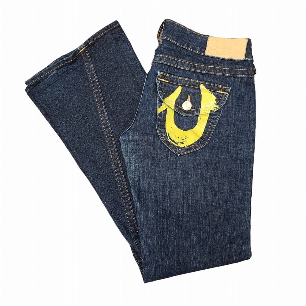 Y2K True Religion Women's Sz 30 Yellow Paint Flare Dark Wash Jeans Made in USA